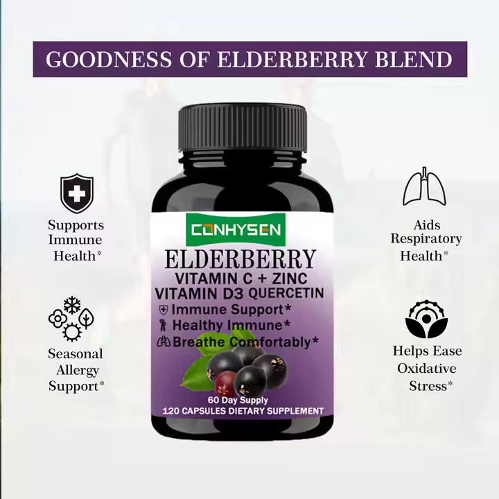 Kapsułki Elderberry z witaminą C, D3, cynkiem Quercetin dla dorosłych
