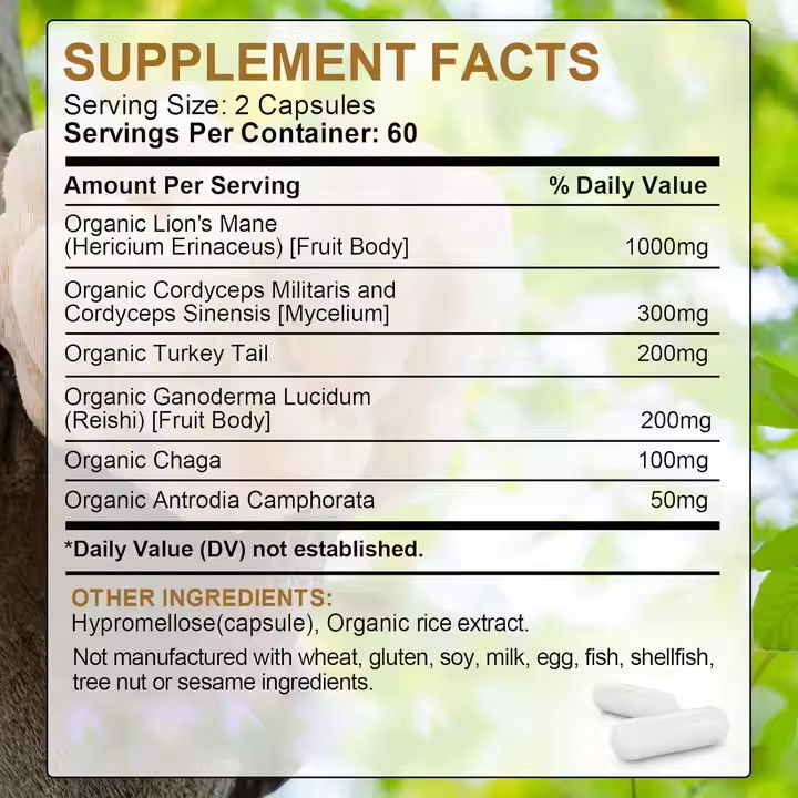 OEM Organic Lion's Mane Capsules with Turkey Tail Supplement Wspiera pamięć Zdrowie mózgu