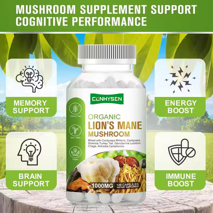 OEM Organic Lion's Mane Capsules with Turkey Tail Supplement Wspiera pamięć Zdrowie mózgu