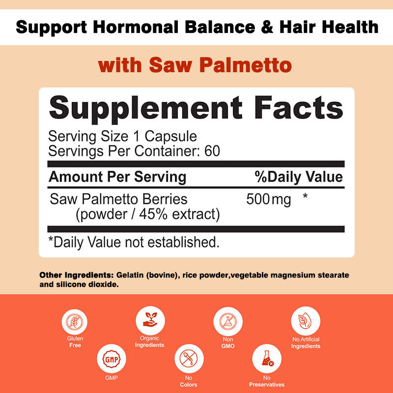 Kapsułki Saw Palmetto 500 mg Kompleks wsparcia równowagi hormonalnej Zdrowie włosów
