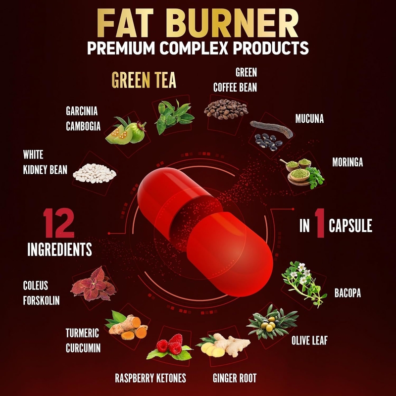 Ekstra Mocny Spalacz Tłuszczu 12 w 1 dla Kobiet, Wegańskie Kapsułki z Zieloną Herbatą, Garcinia Cambogia, Białą Fasolą, Wspomagający Metabolizm i Trawienie