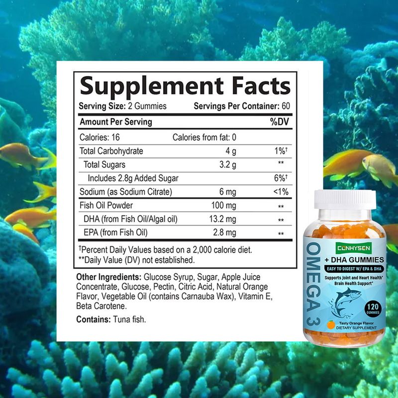 Pomarańczowy smak Omega 3 Gummies Factory Supply Promować zdrowie mózgu i oczu