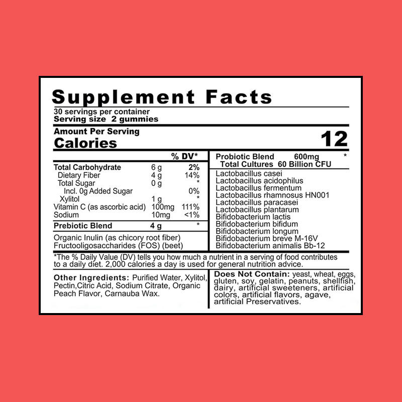 OEM/ODM 4g Prebiotyczne Probiotyczne Żelki 60 Miliardów CFU Wzmacniacz Odporności Poprawiający Zdrowie Jelit z Właściwościami Przeciwutleniającymi dla Dorosłych