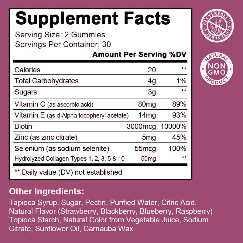 Spersonalizowane żelki kolagenowe Private Label, 60 sztuk, suplement diety dla dorosłych na włosy i skórę, zdrowe, zrównoważone pod względem cukru, w butelce